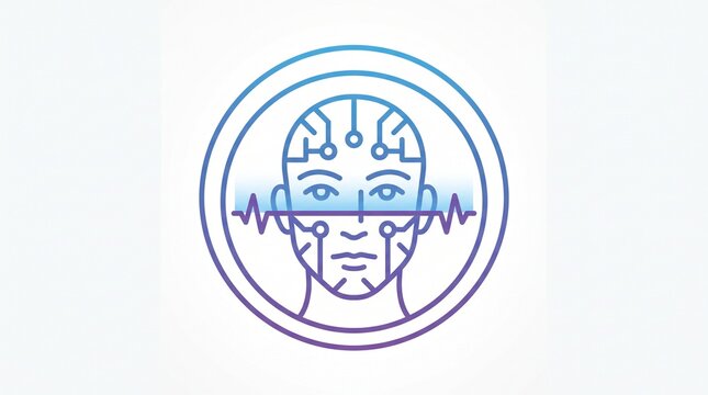 Artificial intelligence logo design. Human mind concept with robotic face. Brain circuit pattern and pulse wave. Modern tech symbol. Blue and purple gradient vector art