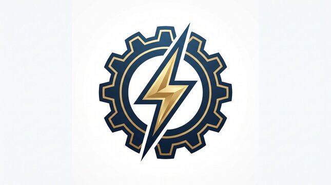 Steampunk gear and lightning bolt logo template design, golden power icon emblem, vintage mechanical brand identity symbol, energy and automation vector illustration