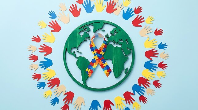 Jigsaw puzzle awareness ribbon on a world map surrounded by colorful handprints with awareness colorful community