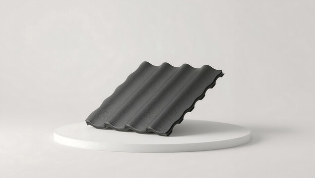A black corrugated roof tile piece displayed on a white circular pedestal against a plain light gray background, in a studio environment