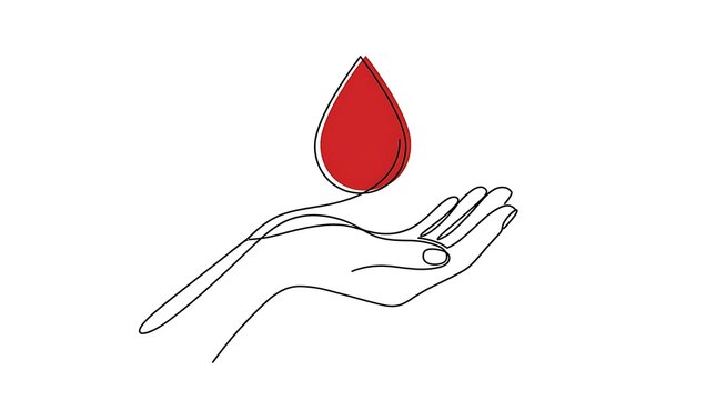 A single red blood drop icon sketched over human palms with donation charitable transfusion emergency clinical