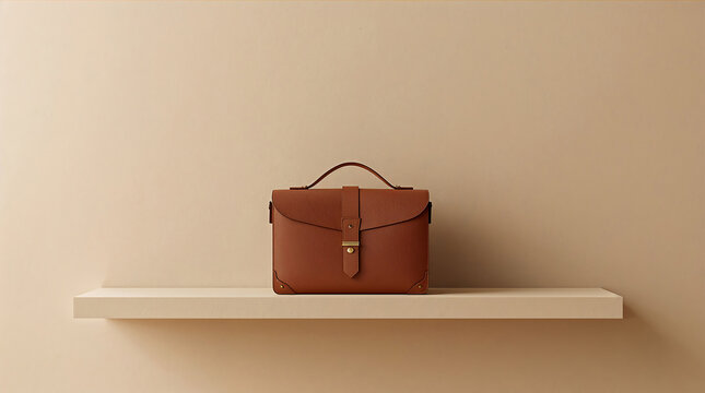A brown leather satchel bag with a single buckle strap placed on a minimalist beige floating shelf against a matching solid wall background