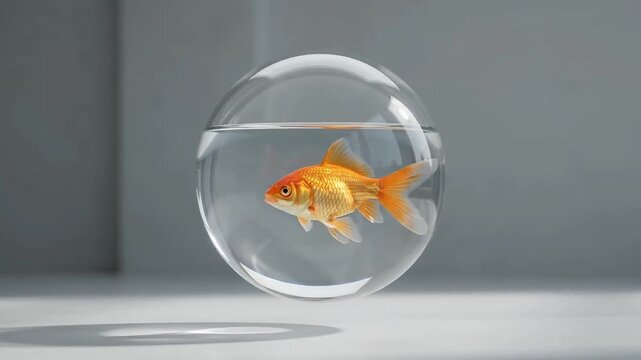 Orange goldfish swimming in floating glass sphere