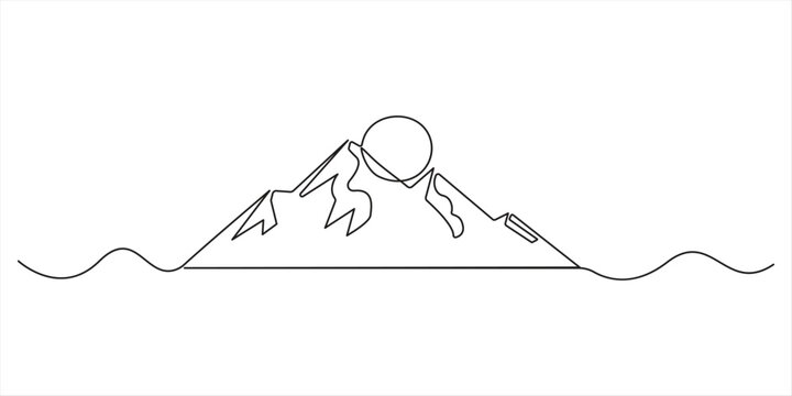 Continuous one line drawing of mountain landscape with sun. Minimalist nature travel vector illustration. Abstract peaks line art isolated. One continuous line drawing of sunset mountain range 
