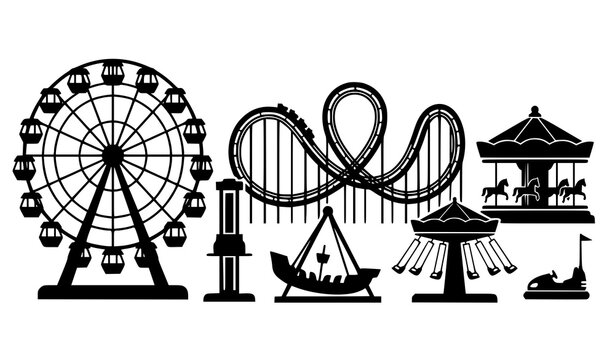 Black Amusement Park Ride Silhouettes Featuring Ferris Wheel Roller Coaster and Carousel