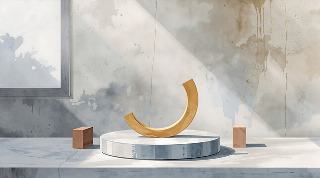 A golden crescent shape standing on a metallic circular pedestal with small wooden blocks on a concrete surface with watercolor wall