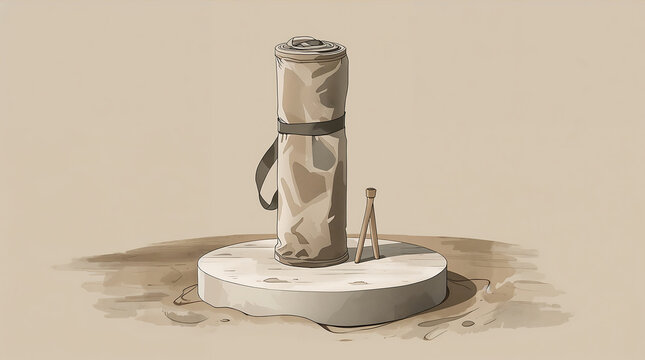 A hand-drawn of a rolled-up brown canvas mat with a strap, standing upright on a circular stone base on a light tan background