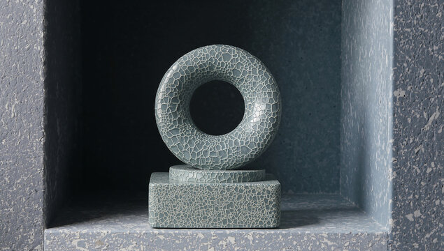 A grey stone sculpture shaped like a torus ring resting on a square base, set inside a textured grey stone niche with deep shadows and lighting