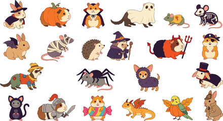 Obraz premium Set of cute cartoon animals wearing costumes for a fun halloween celebration and festive holiday party decoration