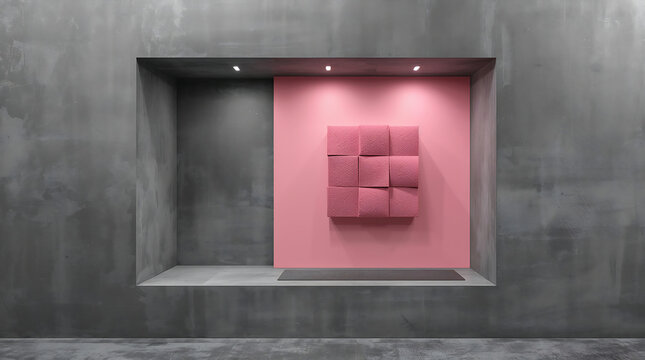 A minimalist retail display window featuring a textured concrete wall and a central pink square panel with a grid of nine raised square tiles
