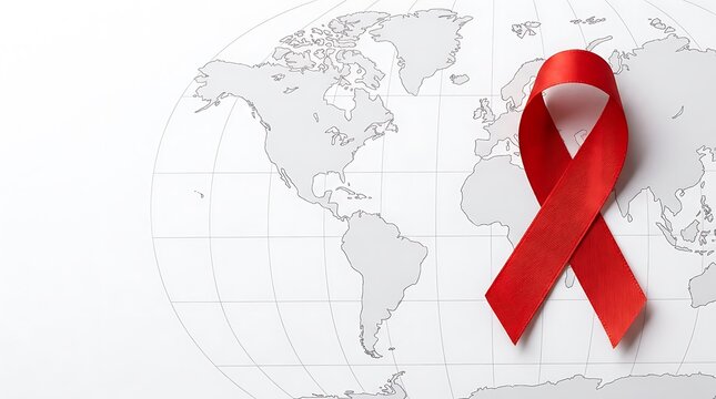 Red awareness ribbon placed on a world map background with awareness solidarity prevention campaign education