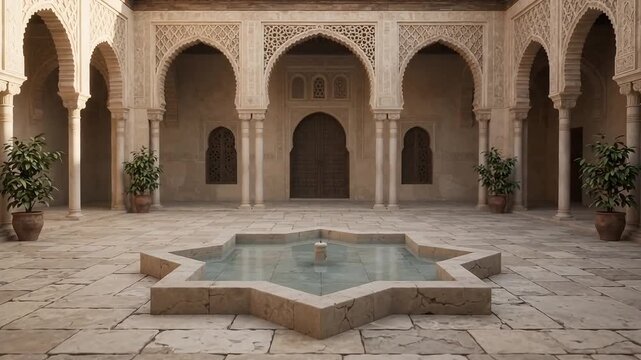 Islamic Architecture Courtyard With Star Fountain Slow Push In