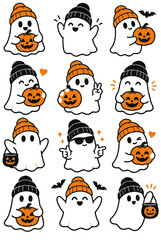 Fototapeta premium Set of Cute Ghost Characters Wearing Beanies and Holding Halloween Pumpkins