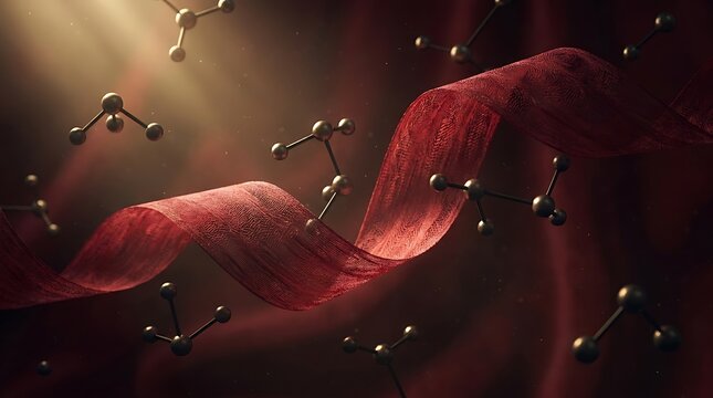 Scientific background featuring abstract molecular structures floating over a dark red textured fabric surface