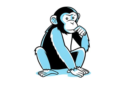 Thoughtful cartoon chimpanzee sitting and thinking