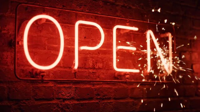 Neon open sign sparking on brick wall with bright glowing light