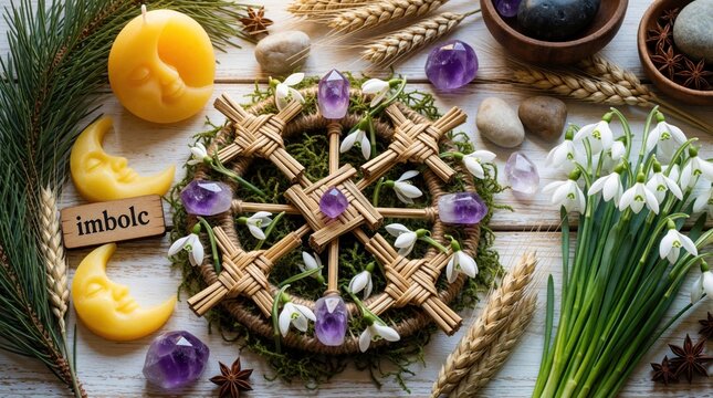 Wiccan altar for Imbolc sabbat on rustic wood table. Brigid cross amulets, purple crystals, snowdrop flowers decorate magic ritual space. Moon shaped candles, wheat stalks, seasonal symbols celebrate