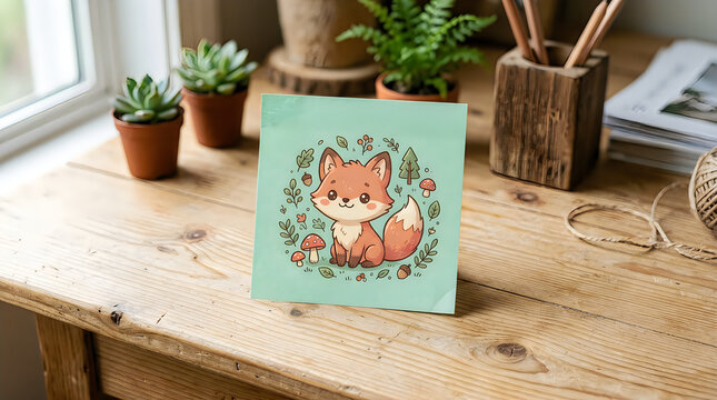 Cute little fox illustration with forest plants and mushrooms isolated on a white background for children