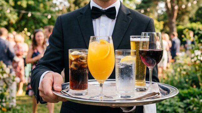 A waiter carrying a silver tray with assorted beverages at an outdoor garden party celebration