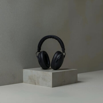 Black wireless over-ear headphones resting on a gray concrete block against a matching gray wall in a minimalist studio setting with soft light