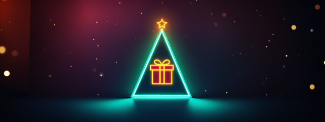 Obraz premium bright glowing cyan neon triangular christmas tree frame topped with a yellow star and enclosing an orange gift box amidst floating light particles on a dark backdrop