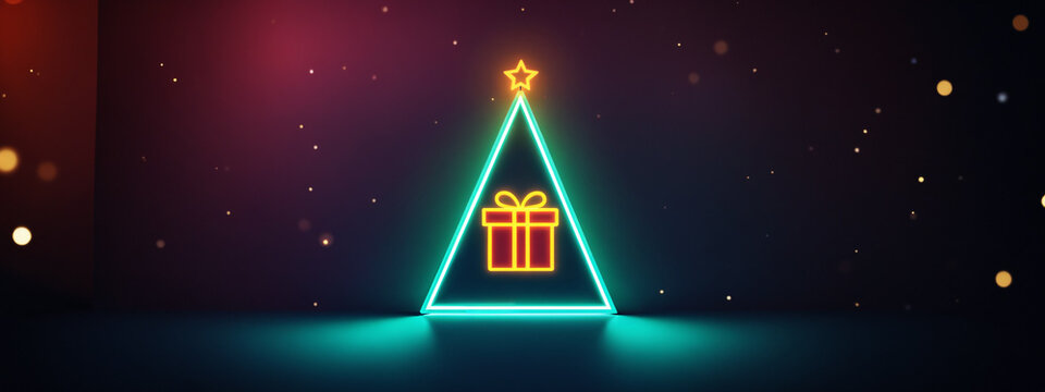 bright glowing cyan neon triangular christmas tree frame topped with a yellow star and enclosing an orange gift box amidst floating light particles on a dark backdrop