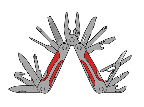 A detailed illustration of a versatile multi tool with various folded implements.