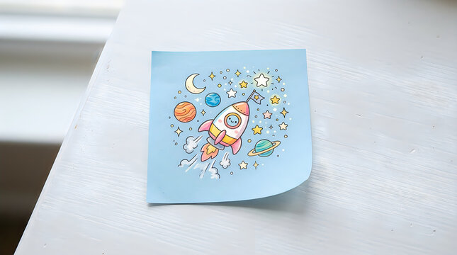 Cute cartoon rocket ship flying in space with stars moon and planets drawn on a blue sticky note paper