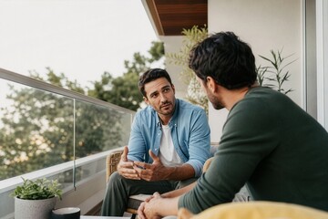 Obraz premium Adult man opening up to a close friend, illustrating men’s mental health, emotional support and honest conversation.