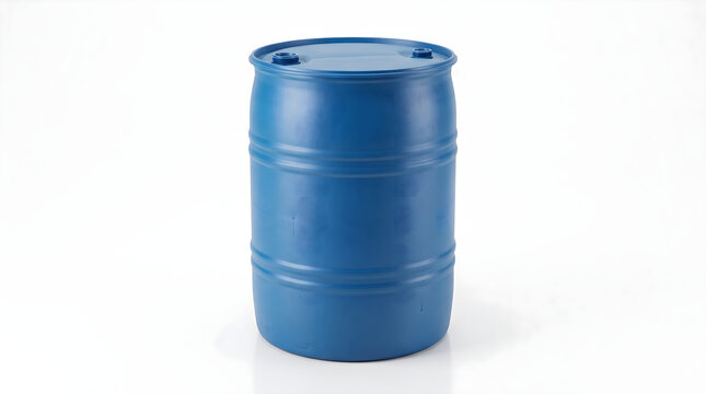 A 55 gallon blue plastic drum storage container isolated on white background for industrial packaging
