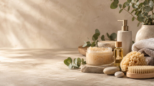 Luxury spa still life with towels scrub oil and natural copy space