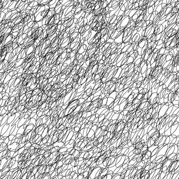 Vector seamless abstract scribble pattern with dense overlapping hand-drawn loops and irregular oval lines, creating a chaotic tangled texture. Black linework on a white background