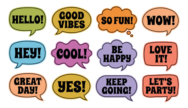 A collection of colorful hand drawn speech bubbles with positive phrases and motivational words in a clean flat graphic style vector illustration design