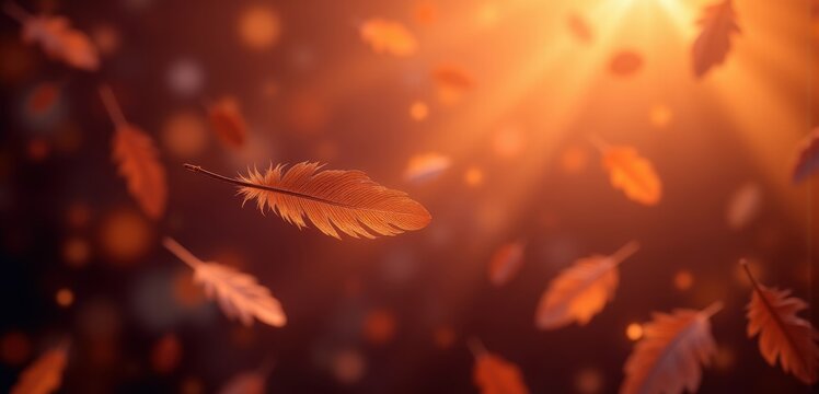 Close up orange feather falling through warm autumn bokeh light
