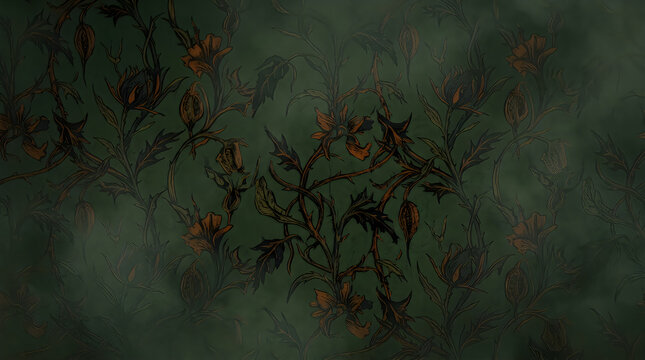 Dark botanical art print featuring vintage floral illustrations with leaves and small flowers on a grunge texture
