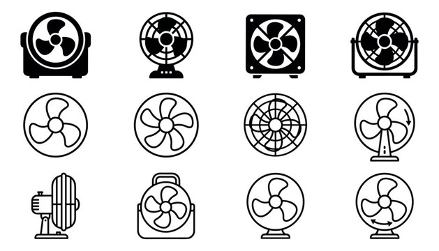 A collection of various electric fan icons presented as a clean black and white vector illustration set for cooling and ventilation design projects