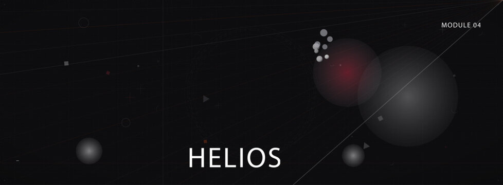 Abstract dark background with glowing red circles and helios text overlay glowing orbs futuristic des