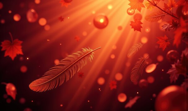 Floating golden feather in autumn light with falling red leaves