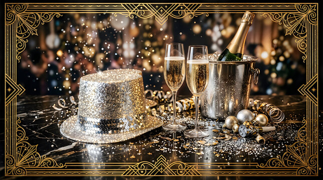 New years eve celebration with champagne glasses and a top hat on a decorated table with gold festive lights