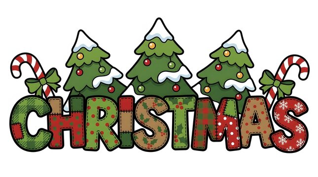 Colorful christmas lettering with decorated trees and candy canes illustration