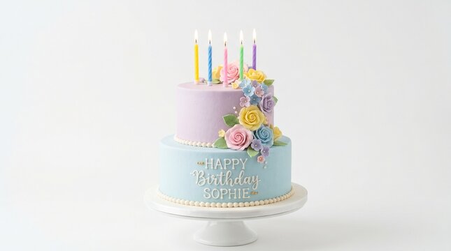 birthday celebration party dessert sweet frosting icing candles flame light burning happy birthday sophie name personalized custom flowers floral roses blooms decoration
