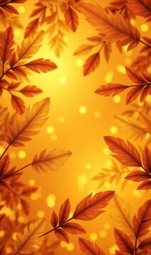 Autumn foliage and feather border with warm bokeh background