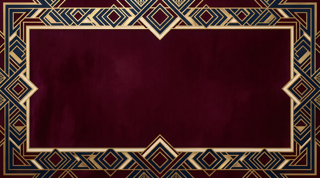 Elegant dark red and gold art deco border frame with geometric patterns for luxury wedding invitation design