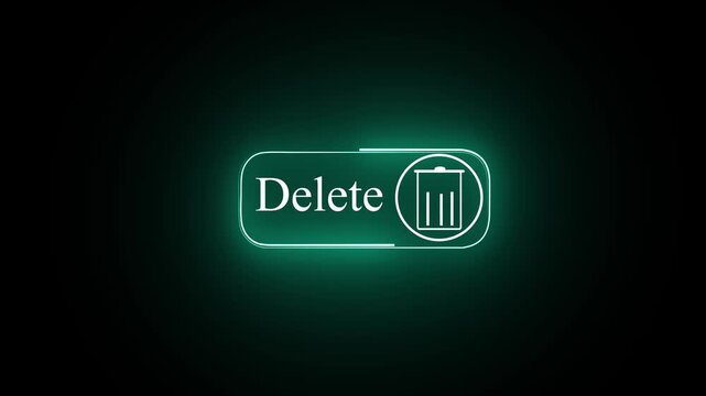 Glowing neon delete button icon with trash can symbol for digital user interface