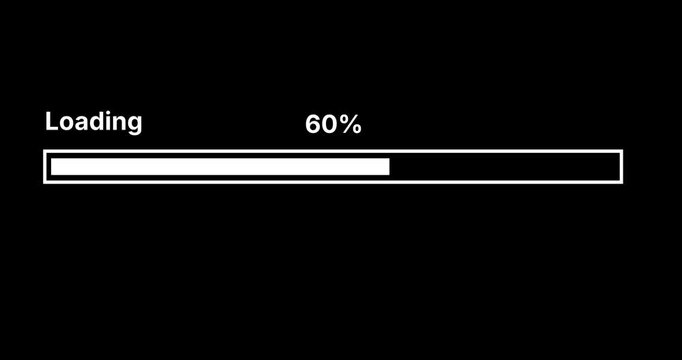 Loading bar downloading barloading screen pixelated progress animation Loading Transfer Download 0-100% in black background. Luma Matte included. 4k video