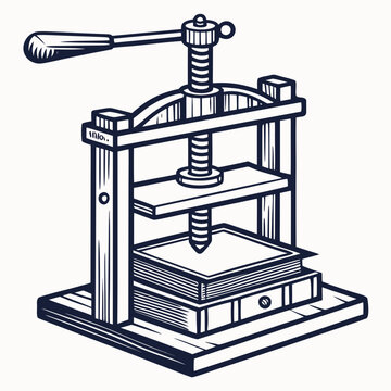 Hand drawn of a vintage wooden book press for binding books, featuring a screw mechanism, isolated on a white background