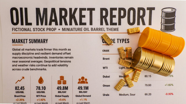 Oil market report with miniature barrels and gold bars symbolizing wealth