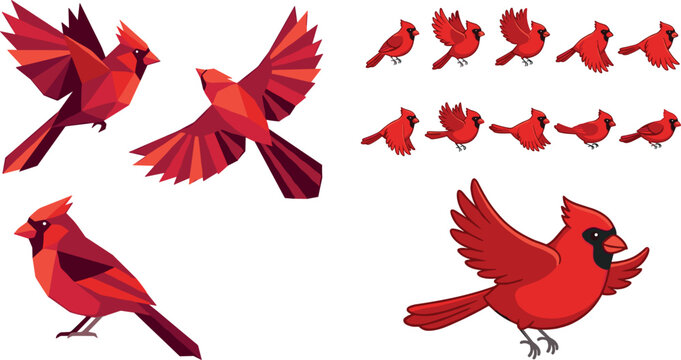 PrintRed Cardinal Bird Vector Collection Featuring Geometric Low Poly Designs and Cute Cartoon Flying Animation Sprite Sheet Sequence for Game Development