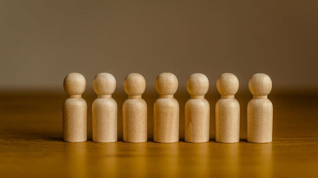 Seven wooden peg people standing in a line on a polished wooden surface
