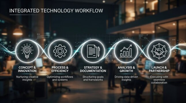 Digital transformation business process infographic showing five key steps for modern corporate strategy and growth